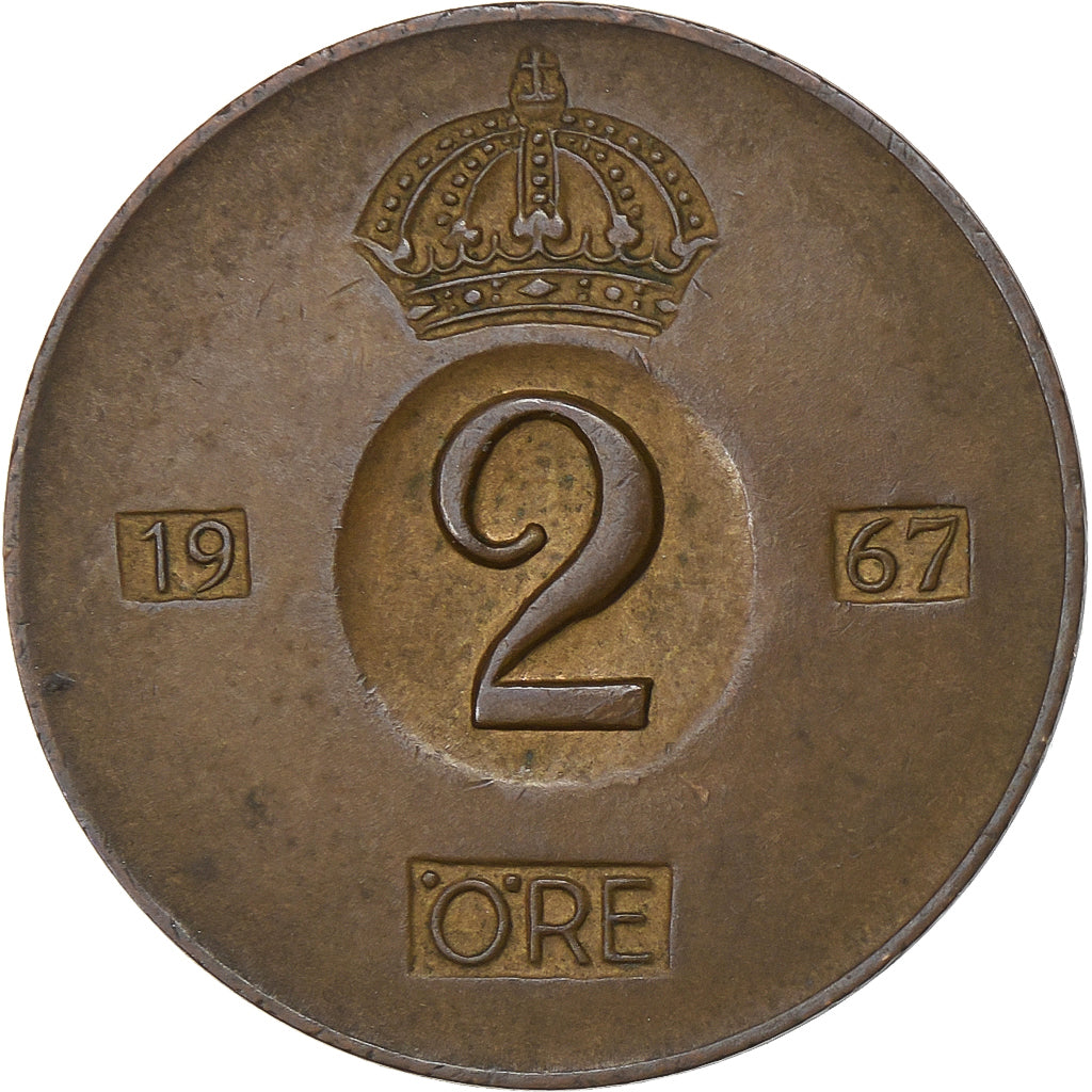 Svezia, Gustaf VI, 2 Öre, 1967, Bronzo, BB, KM:821