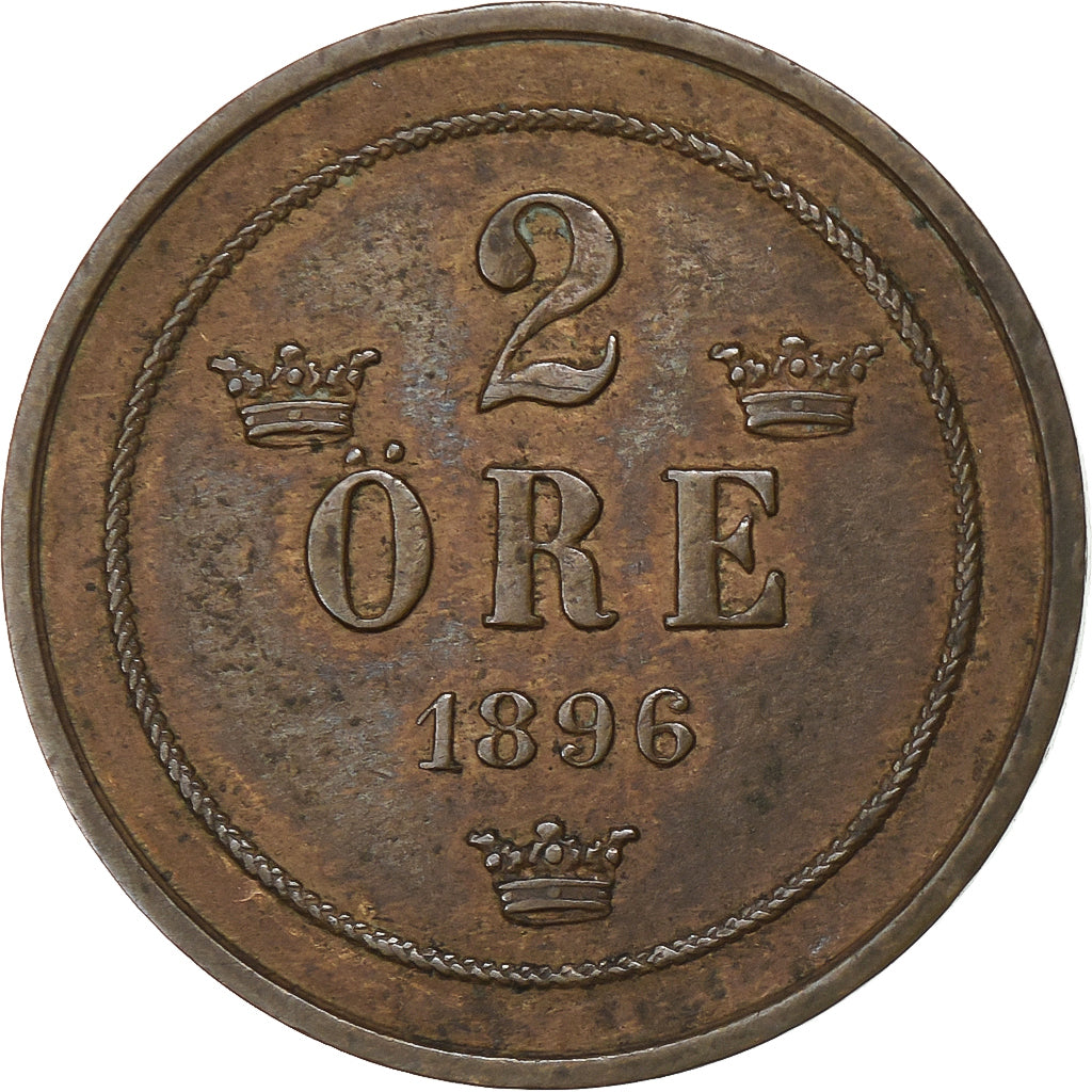 Svezia, Oscar II, 2 Öre, 1896, Bronzo, BB, KM:746