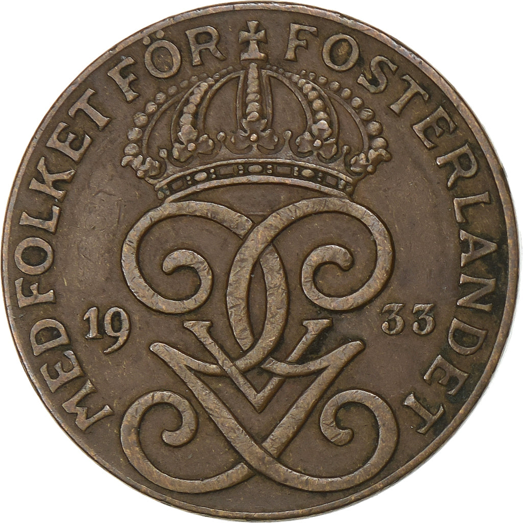 Suécia, Gustaf V, 2 Öre, 1933, Bronze, EF(40-45), KM:778