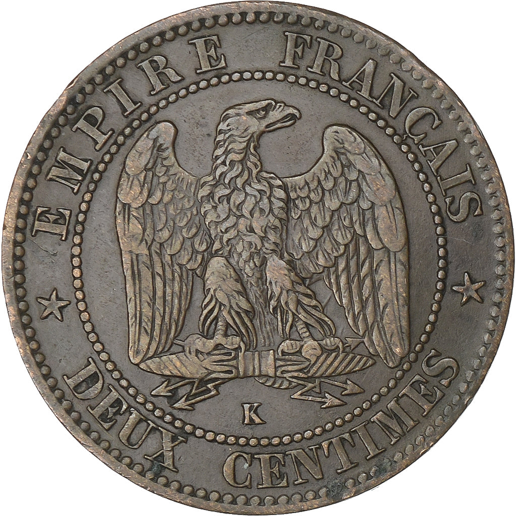 Francja, Napoleon III, 2 Centimes, 1862, Bordeaux, Brązowy, AU(50-53)