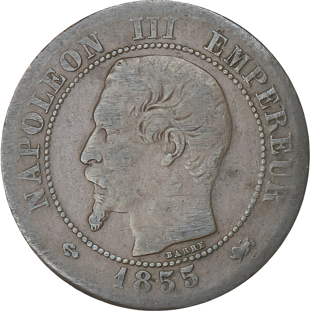 France, Napoleon III, 2 Centimes, 1855, Lyon, ancre grand lion, Bronze