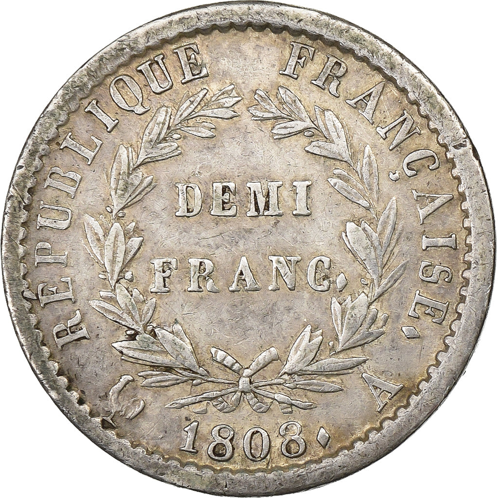 France, Napoleon I, 1/2 Franc, 1808, Paris, Silver, EF(40-45), Gadoury:398