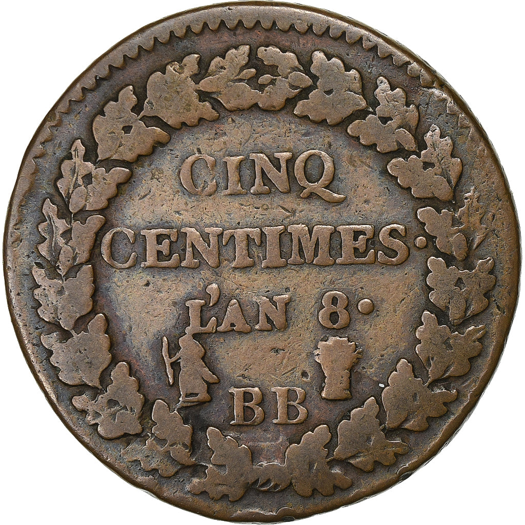 France, 5 Centimes, Dupré, AN 8 (1799-1800), Strasbourg, Bronze, VF(30-35)