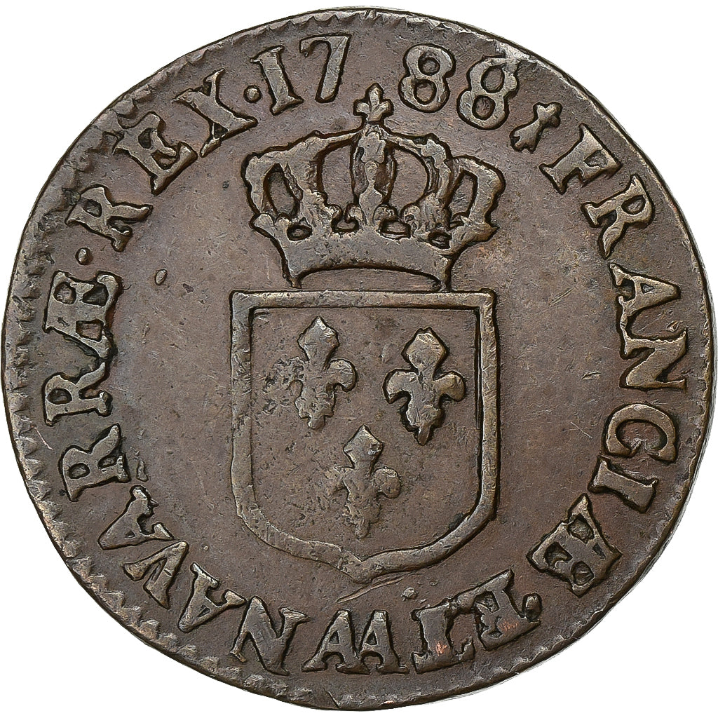 France, Louis XVI, 1/2 Sol, 1/2 Sol ou 1/2 sou, 1788, Metz, Rare, Copper