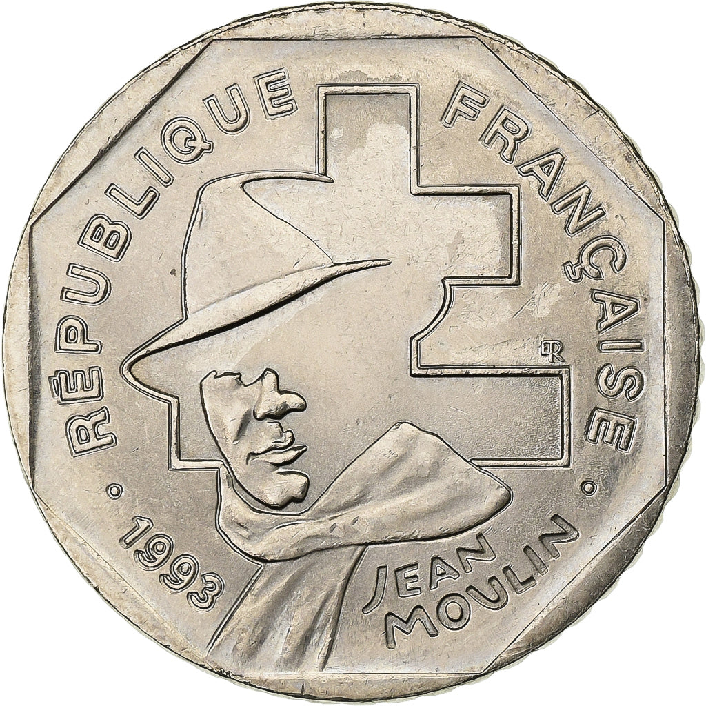 Francja, 2 Francs, Jean Moulin, 1993, Paris, Nikiel, AU(55-58), Gadoury:548