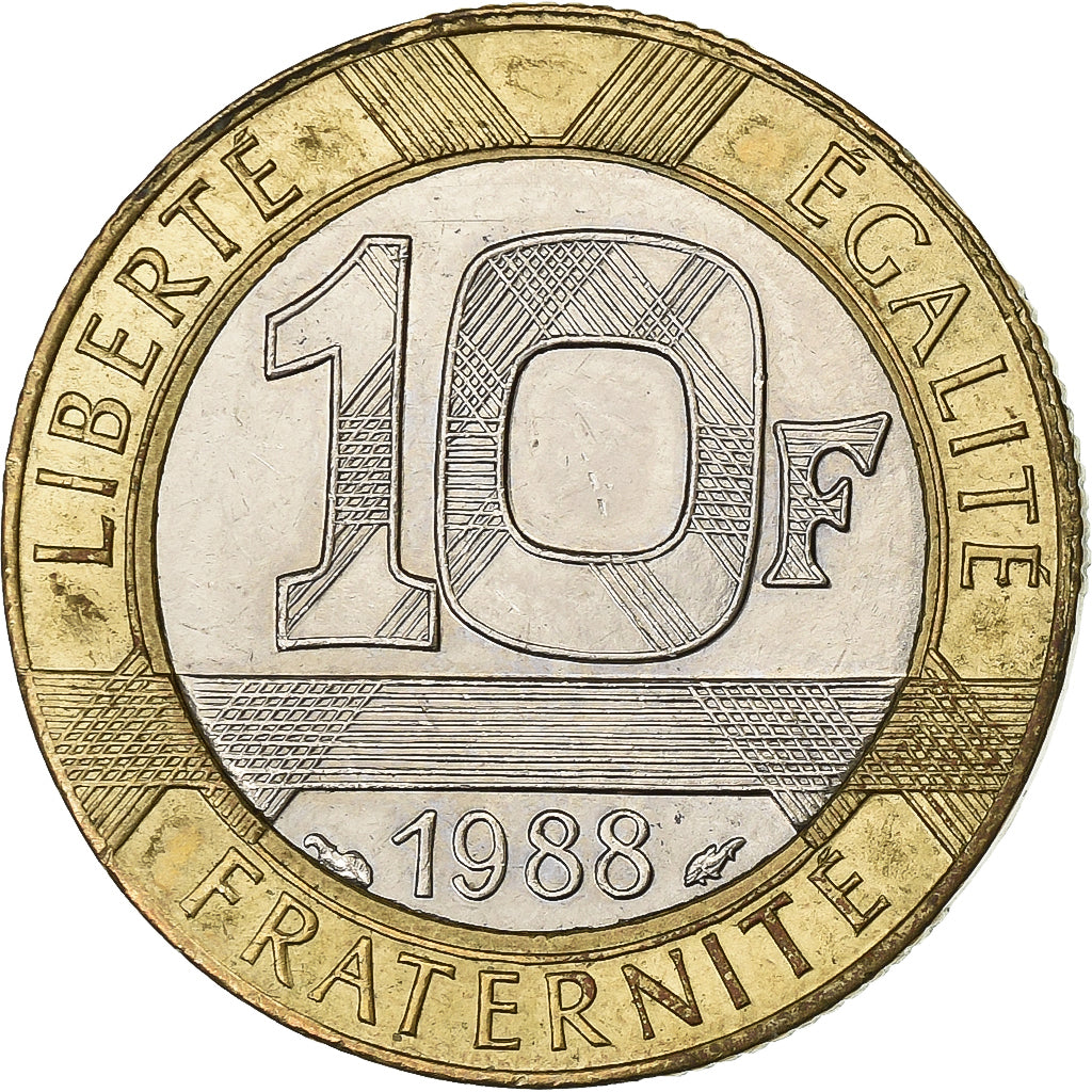 França, 10 Francs, Génie, 1988, Paris, Bimetálico, AU(55-58), Gadoury:827