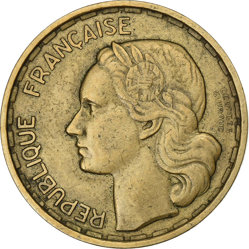 Francia, 20 Francs, Guiraud, 1950, Beaumont - Le Roger, Aluminio - bronce, MBC