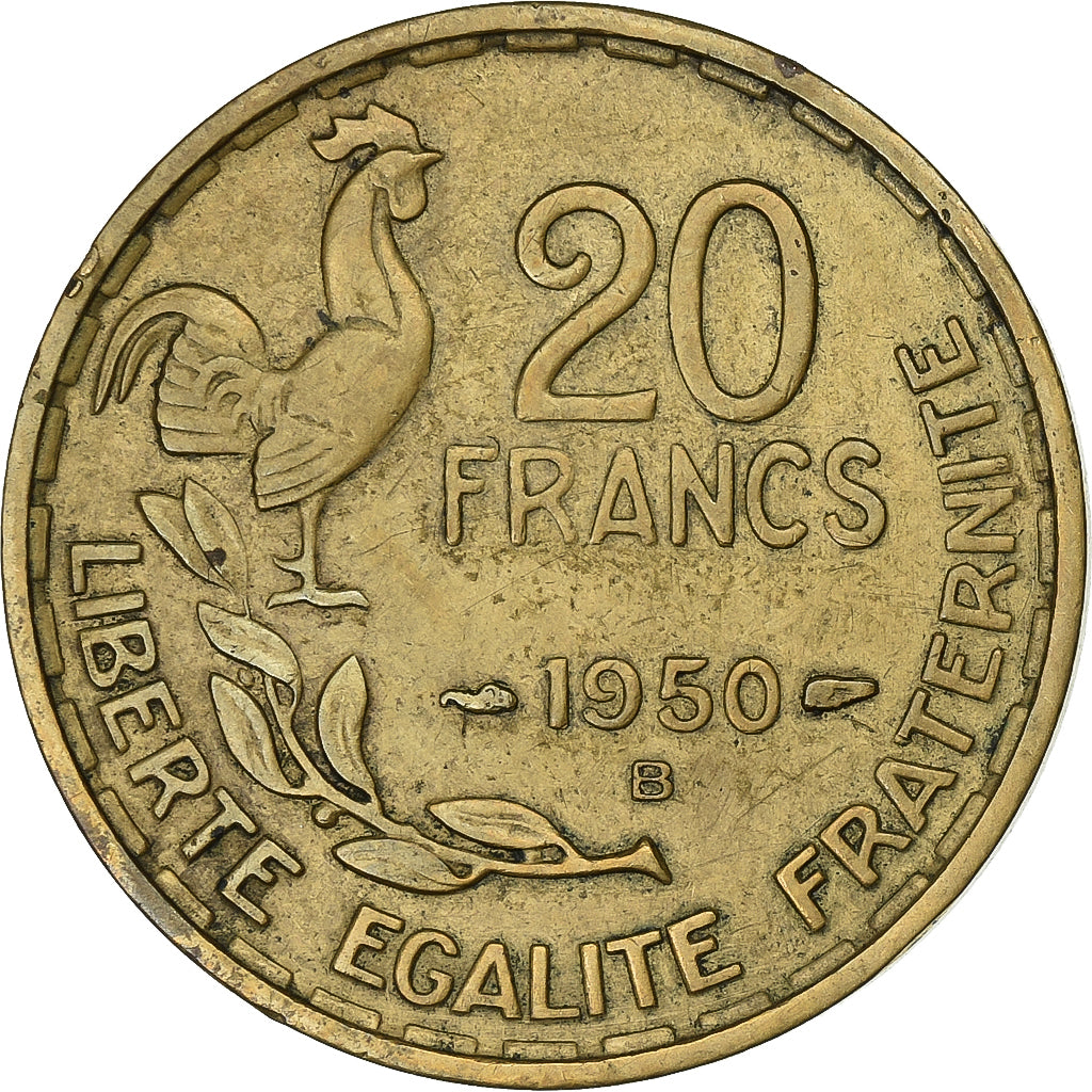 Francia, 20 Francs, Guiraud, 1950, Beaumont - Le Roger, Aluminio - bronce, MBC