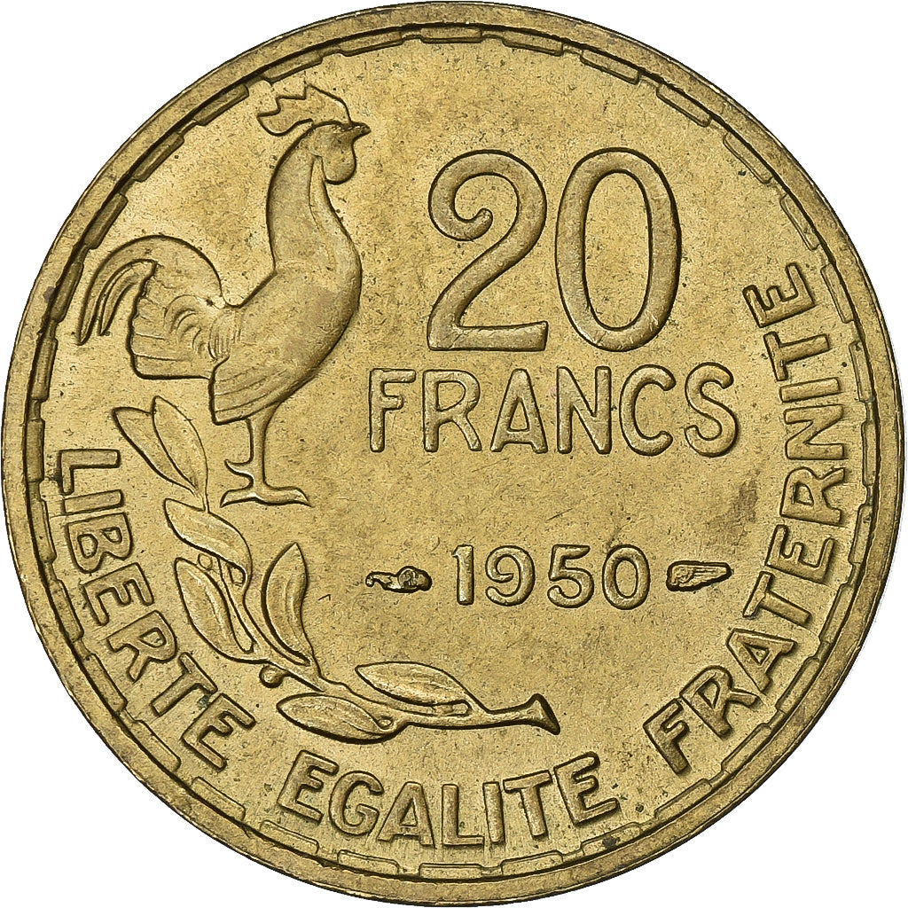 França, 20 Francs, Guiraud, 1950, Paris, Alumínio-Bronze, EF(40-45)