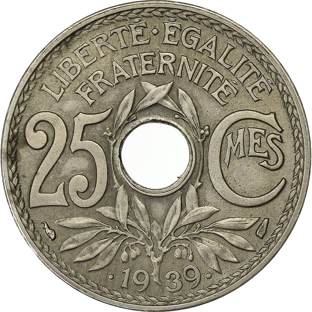 França, 25 Centimes, Lindauer, .1939., Paris, Níquel-Bronze, EF(40-45)
