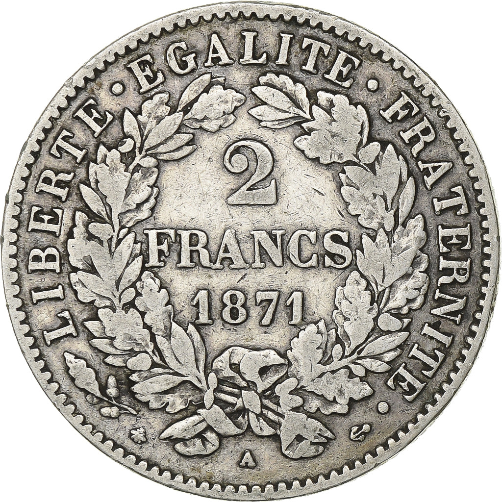 France, 2 Francs, Cérès, 1871, Paris, Petit A, Silver, VF(30-35), Gadoury:530