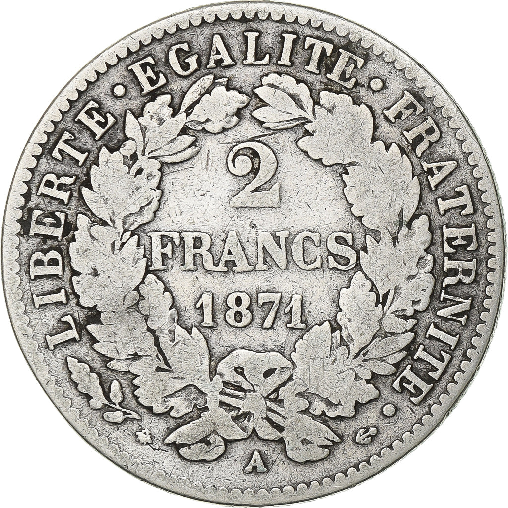 Frankreich, 2 Francs, Cérès, 1871, Paris, Large A, Silber, S+, Gadoury:530