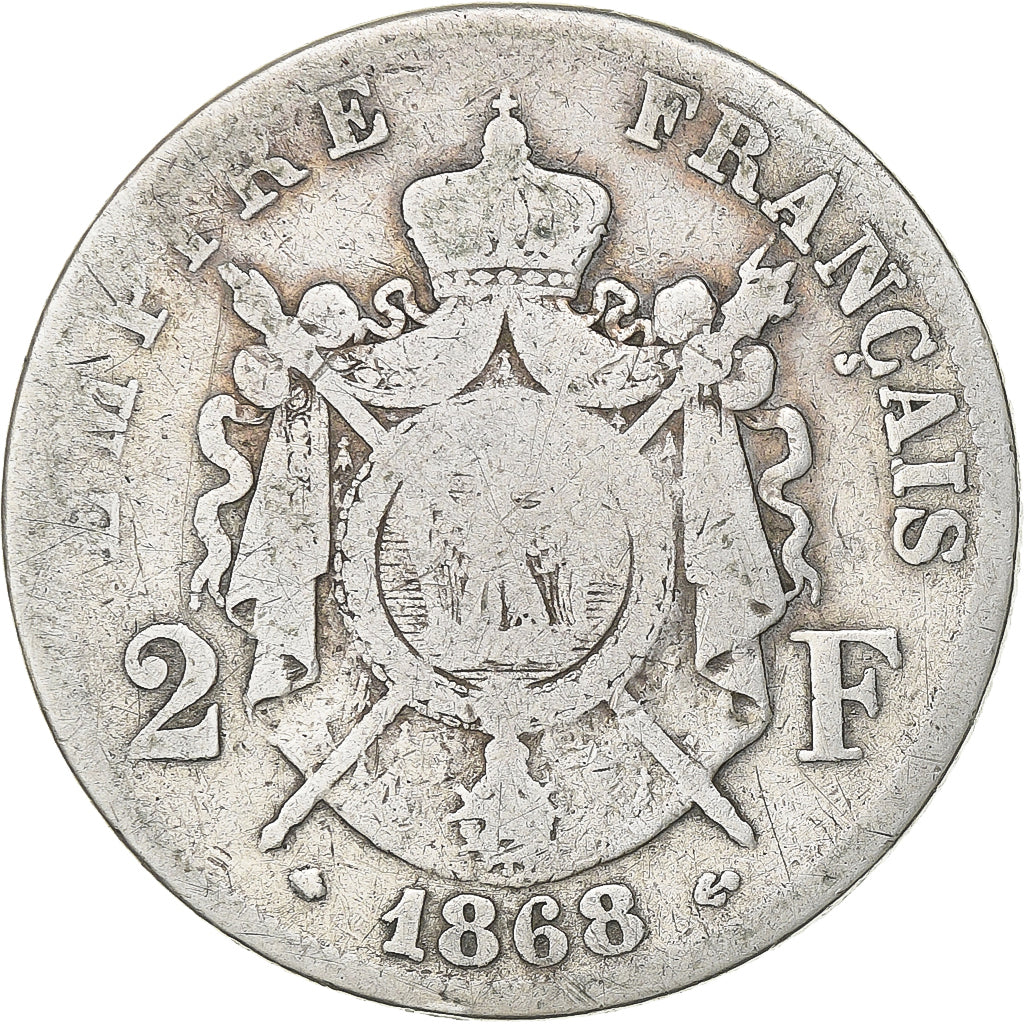 France, Napoleon III, 2 Francs, 1868, Paris, Silver, F(12-15), Gadoury:527
