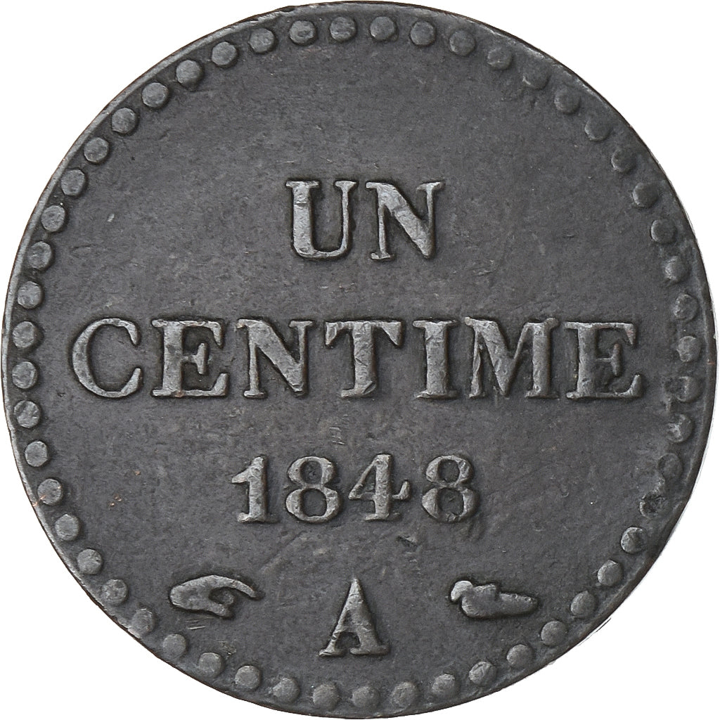 Francia, Centime, Dupré, 1848, Paris, Bronzo, BB, Gadoury:84, KM:754