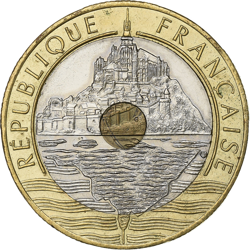 France, 20 Francs, Mont Saint Michel, 1992, Paris, Tri-Metallic, SUP