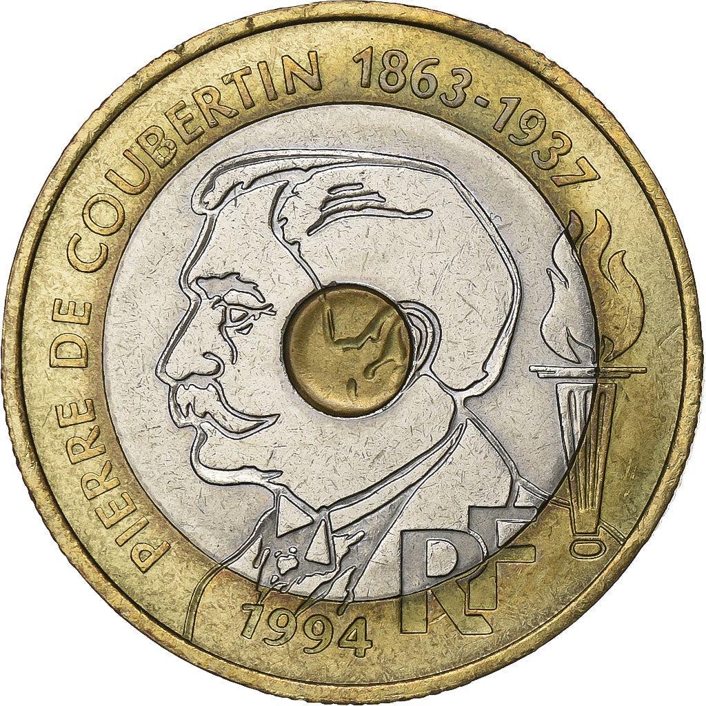 France, 20 Francs, Pierre de Coubertin, 1994, Paris, Tri-Metallic, SUP