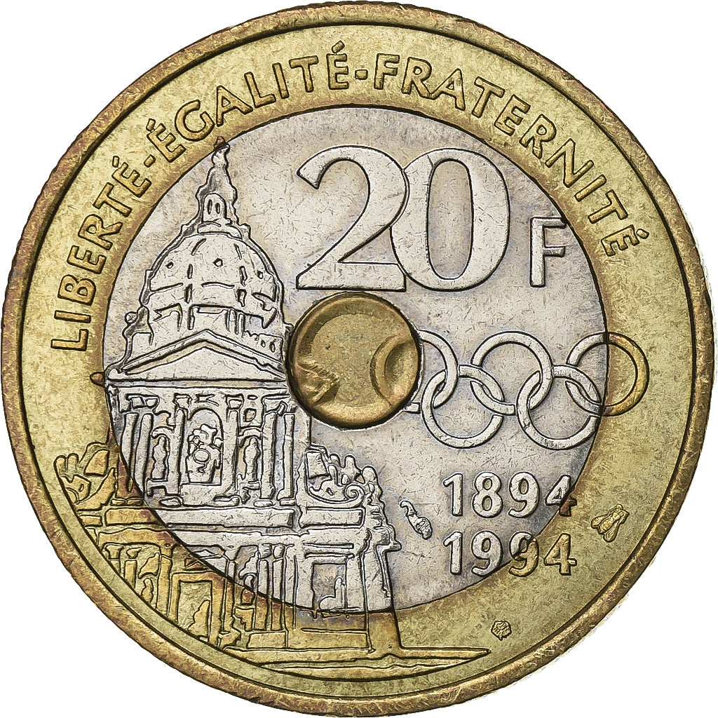 France, 20 Francs, Pierre de Coubertin, 1994, Paris, Tri-Metallic, SUP