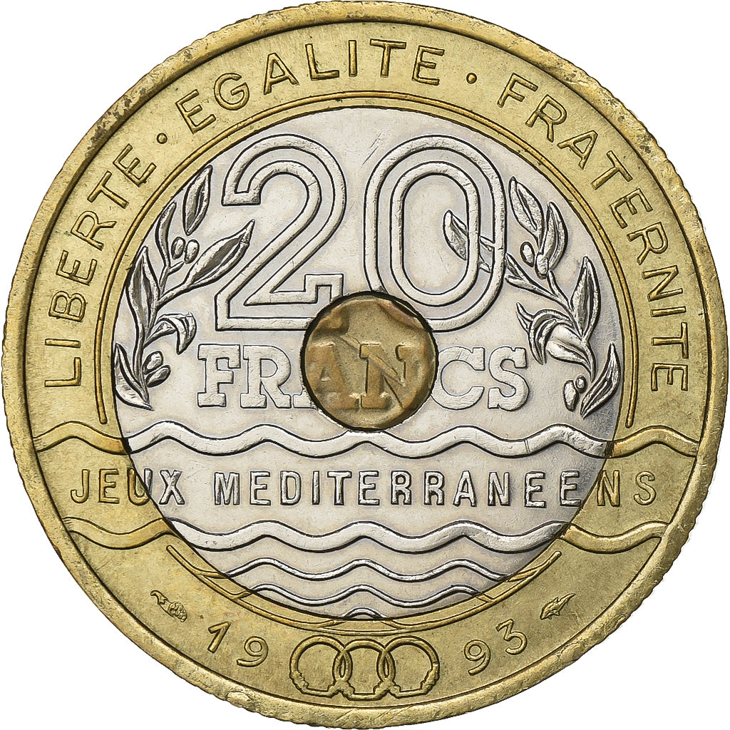 Francia, 20 Francs, Jeux Méditerranéens, 1993, Paris, Tri-metallico, SPL-