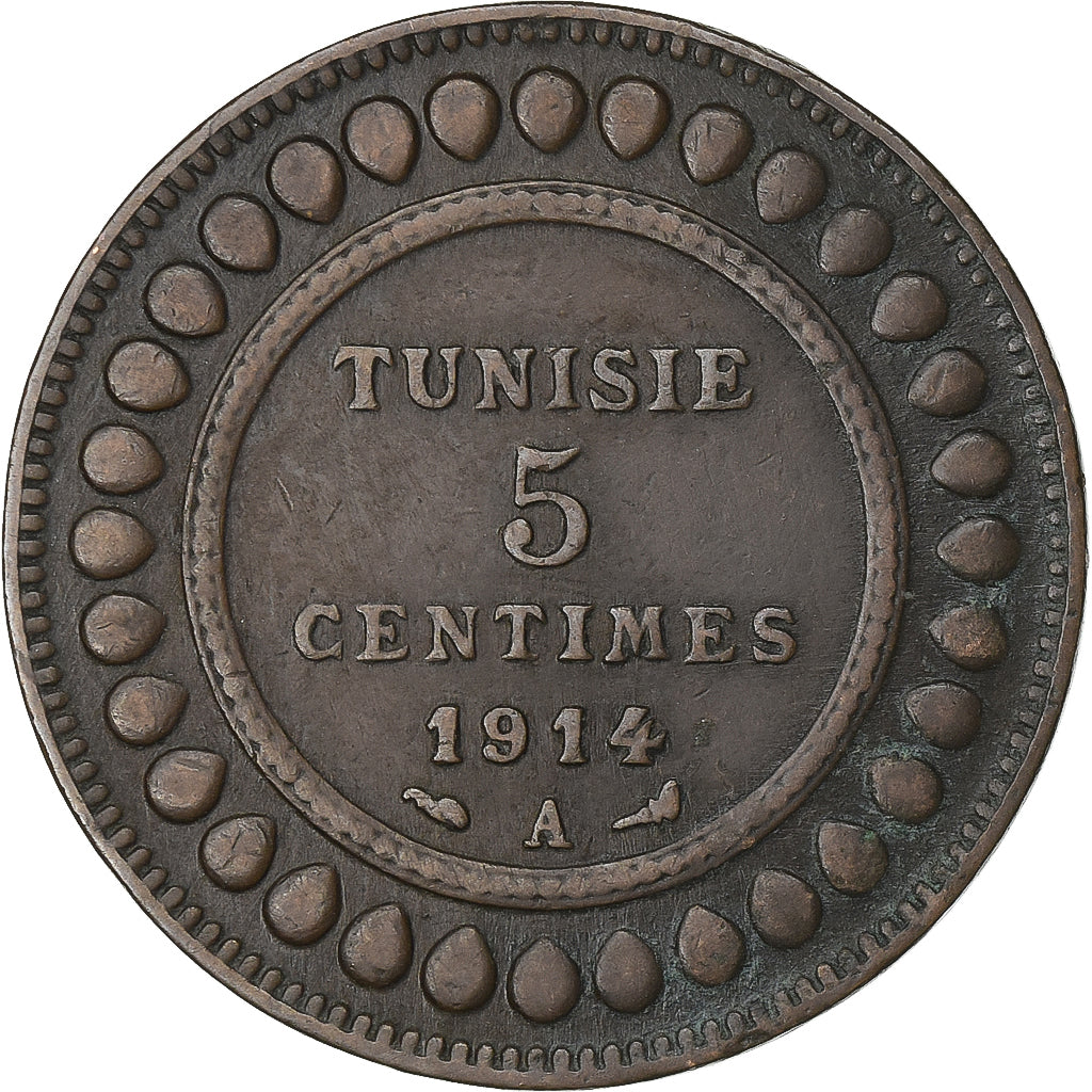 Tunisië, Muhammad al-Nasir Bey, 5 Centimes, 1914 (AH 1332), Paris, Bronzen, ZF
