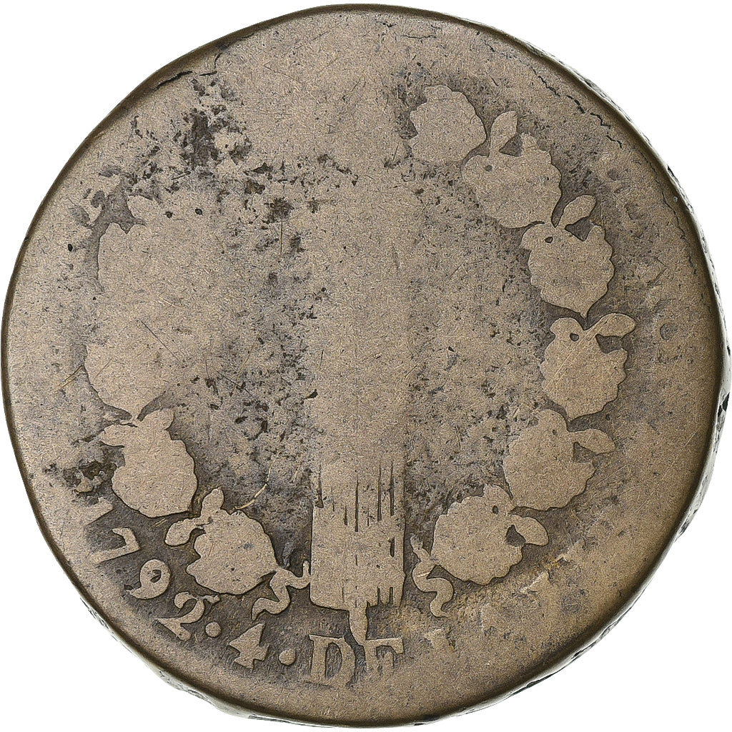 France, 12 Deniers, 12 deniers français, 1792, Strasbourg, Bronze, B+