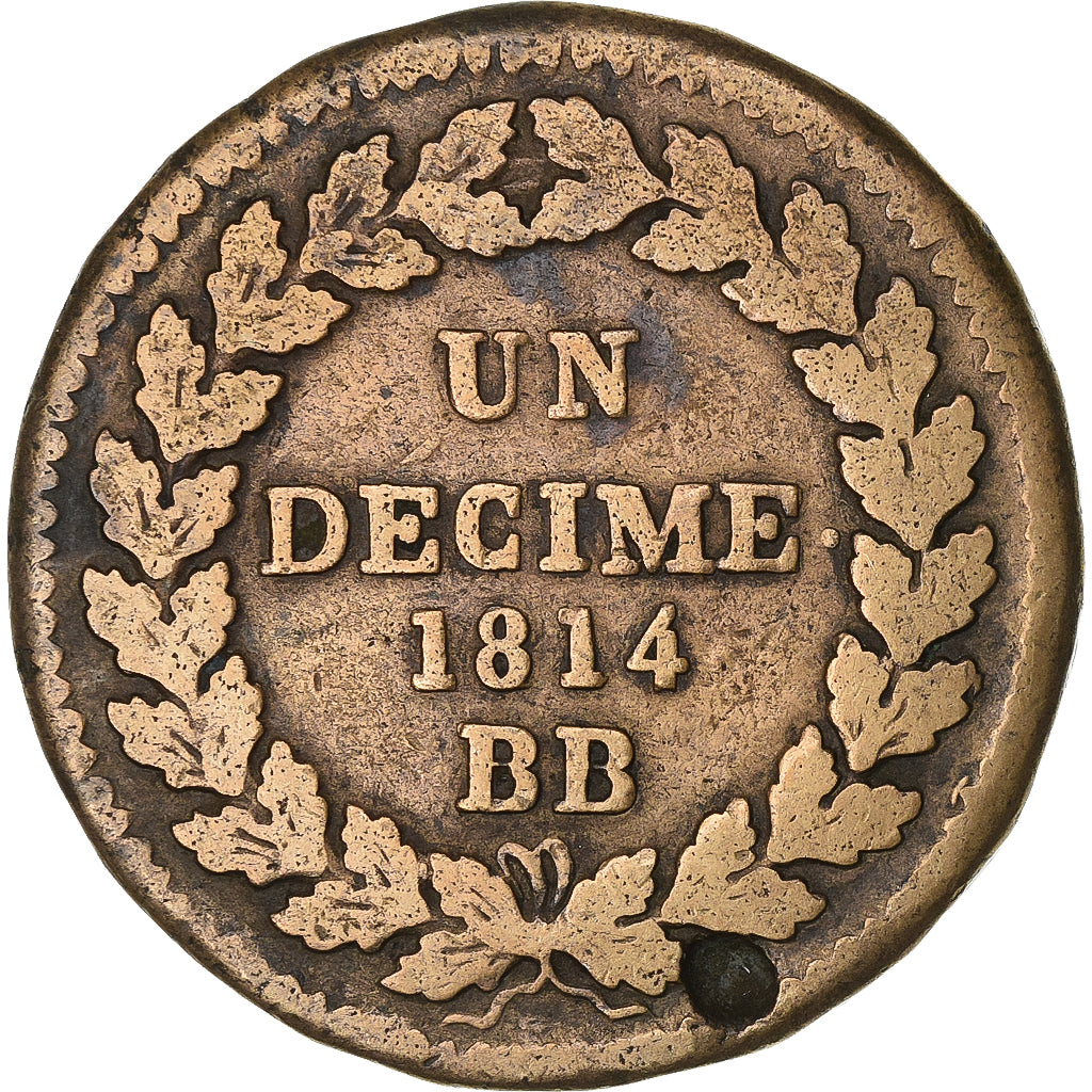 Frankreich, Louis XVIII, Decime, 1814, Strasbourg, Bronze, S+, Gadoury:196a