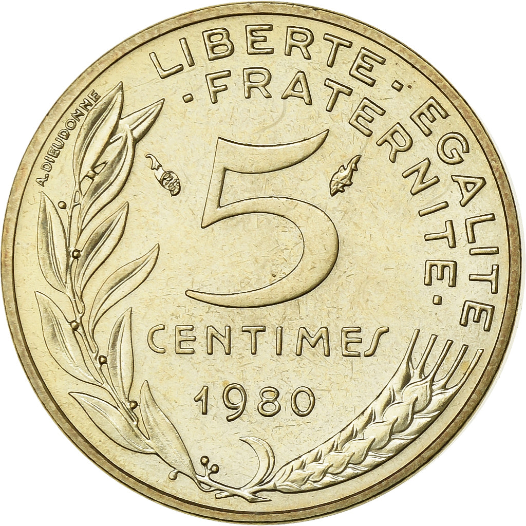 França, 5 Centimes, Marianne, 1980, Paris, Alumínio-Bronze, MS(65-70)