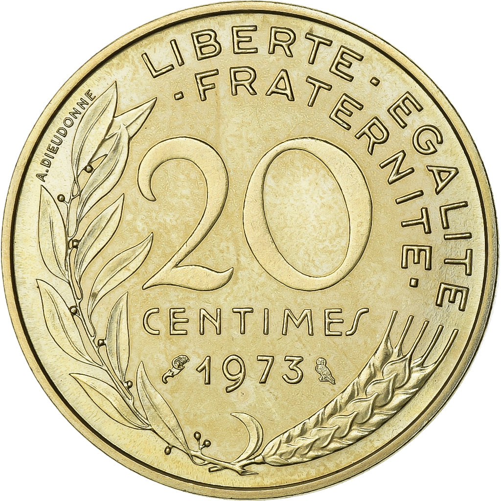 Francia, 20 Centimes, Marianne, 1973, Paris, Chouette, Aluminio - bronce, FDC