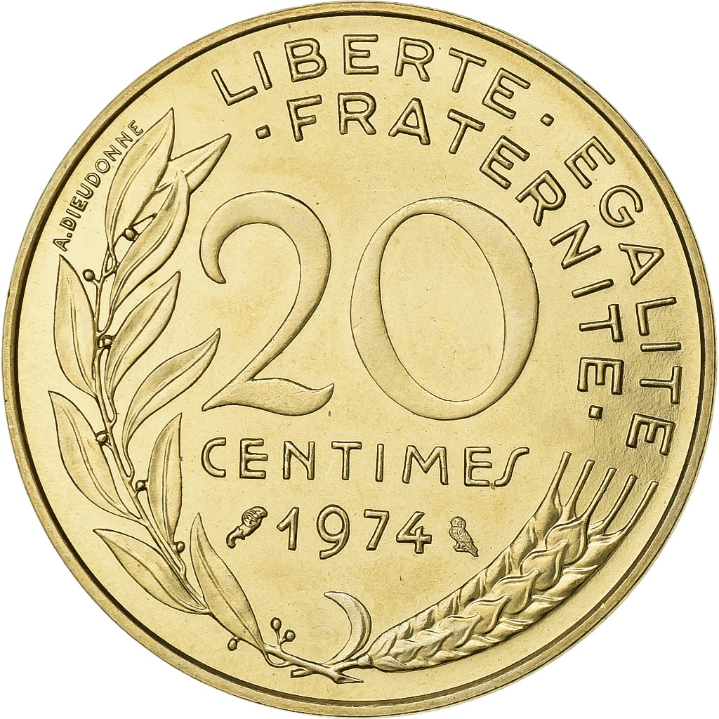 Francia, 20 Centimes, Marianne, 1974, Paris, Chouette, Aluminio - bronce, FDC