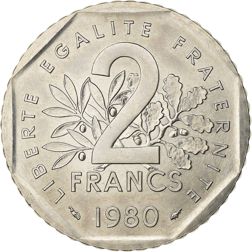 França, 2 Francs, Semeuse, 1980, Paris, Níquel, MS(65-70), Gadoury:547