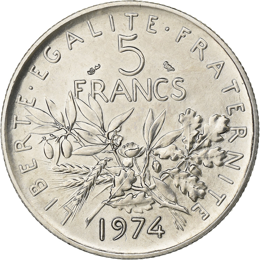 Francia, 5 Francs, Semeuse, 1974, Paris, Chouette, Níquel recubierto de cobre -