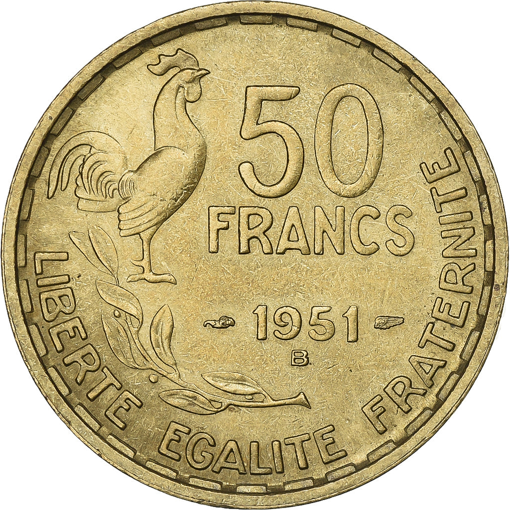 Francia, 50 Francs, Guiraud, 1951, Beaumont - Le Roger, Alluminio-bronzo, BB+