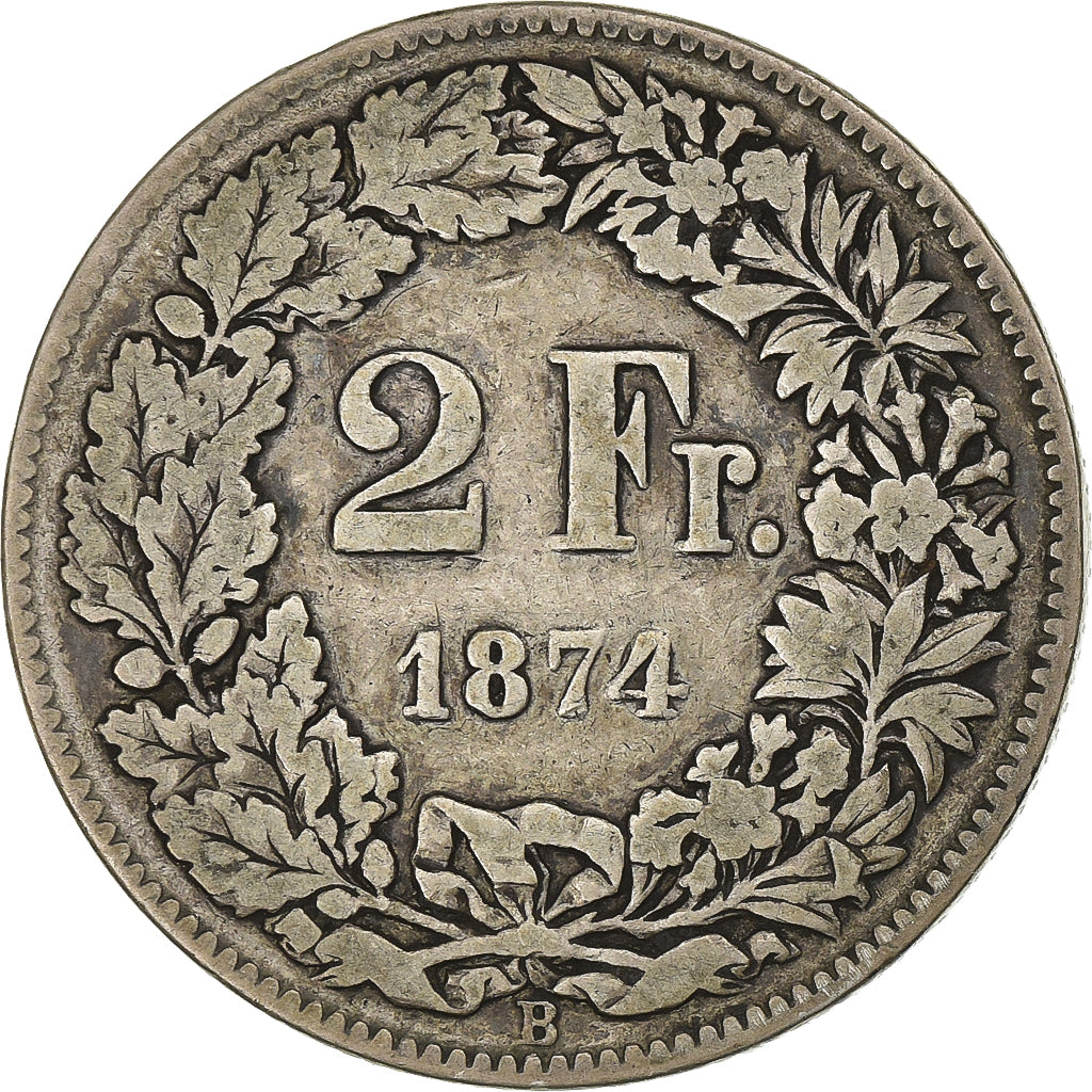 Szwajcaria, 2 Francs, 1874, Bern, Srebro, VF(20-25), KM:21