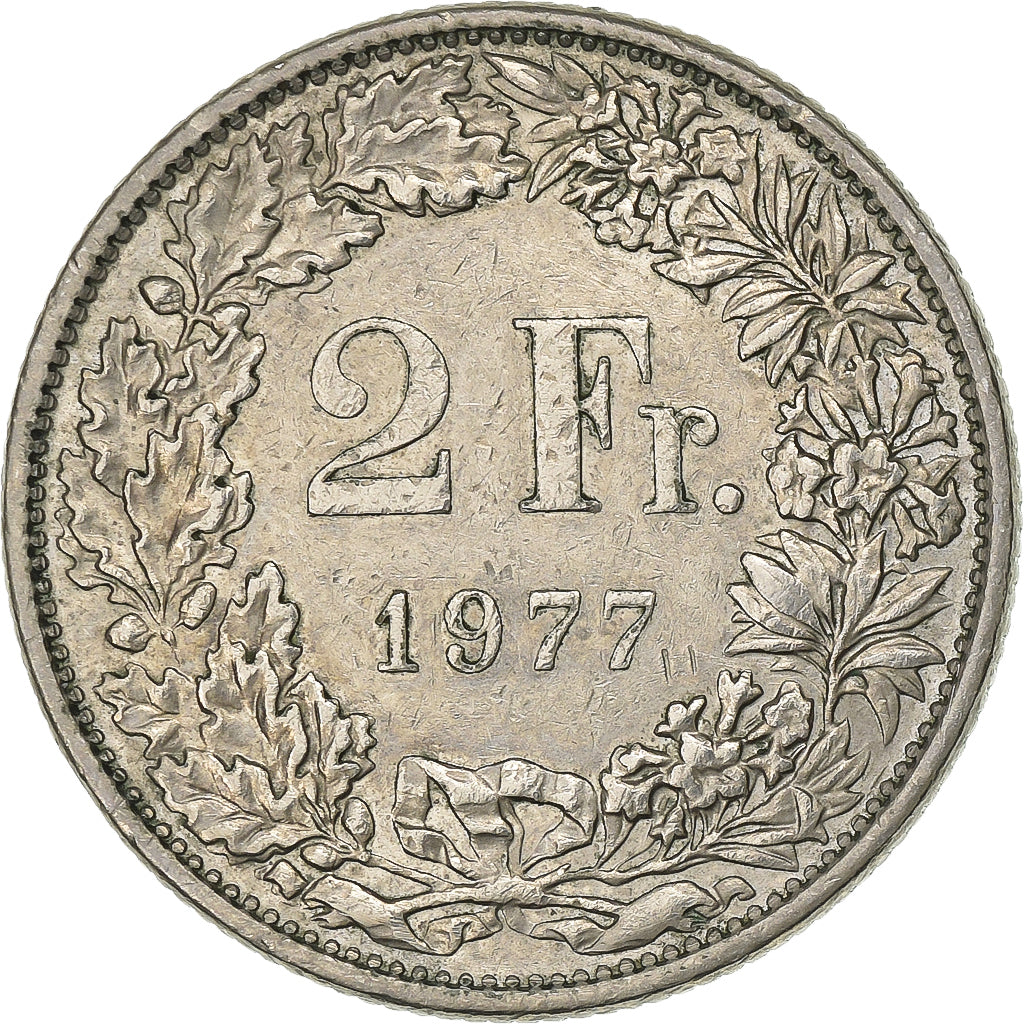 Switzerland, 2 Francs, 1977, Bern, Copper-nickel, AU(50-53), KM:21a.1