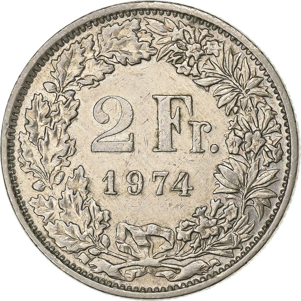 Svizzera, 2 Francs, 1974, Bern, Rame-nichel, BB+, KM:21a.1