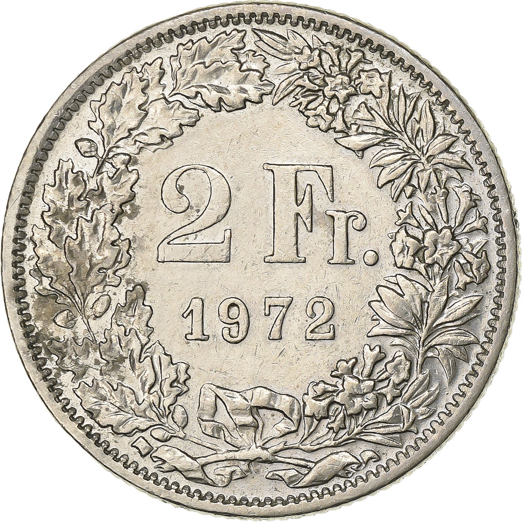 Szwajcaria, 2 Francs, 1972, Bern, Miedź-Nikiel, AU(50-53), KM:21a.1