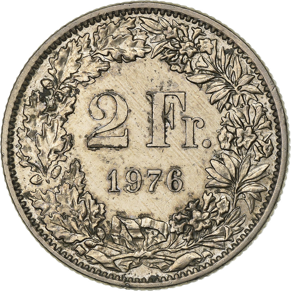 Switzerland, 2 Francs, 1976, Bern, Copper-nickel, AU(50-53), KM:21a.1