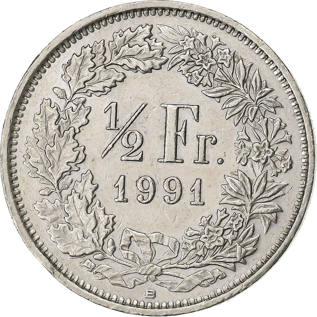 Switzerland, 1/2 Franc, 1991, Bern, Copper-nickel, AU(55-58), KM:23a.3