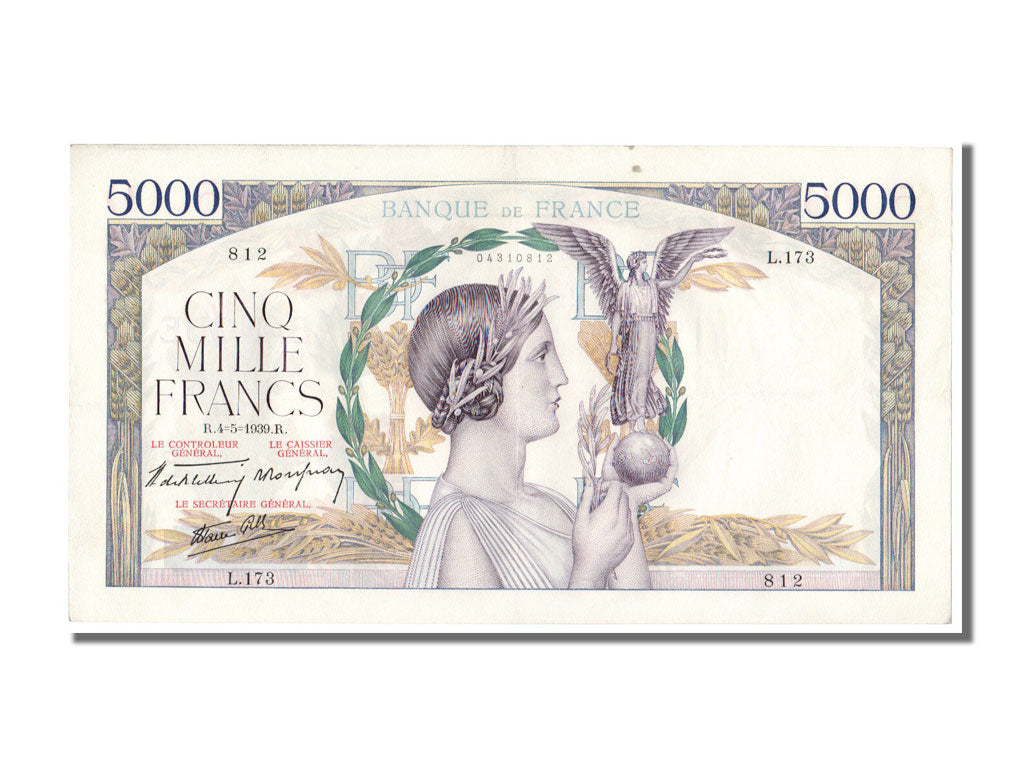 Geldschein, Frankreich, 5000 Francs, 5 000 F 1934-1944 ''Victoire'', 1939