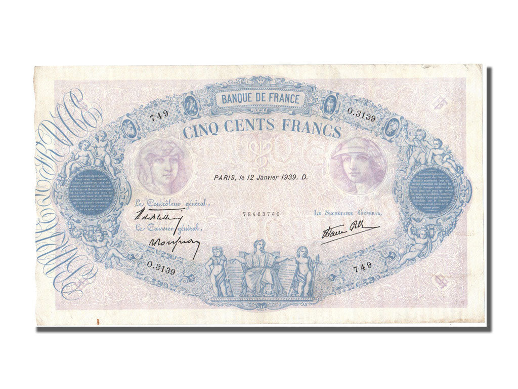 Banknote, France, 500 Francs, 500 F 1888-1940 ''Bleu et Rose'', 1939