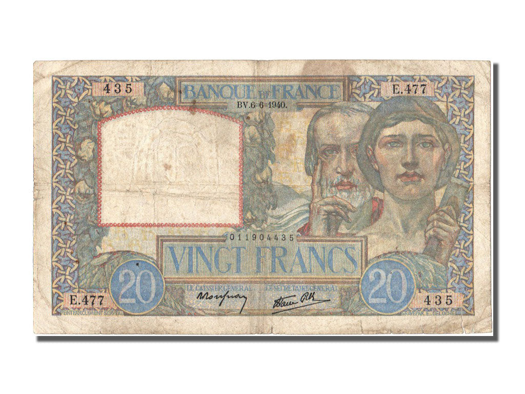 Banconote, Francia, 20 Francs, 20 F 1939-1942 ''Science et Travail'', 1940