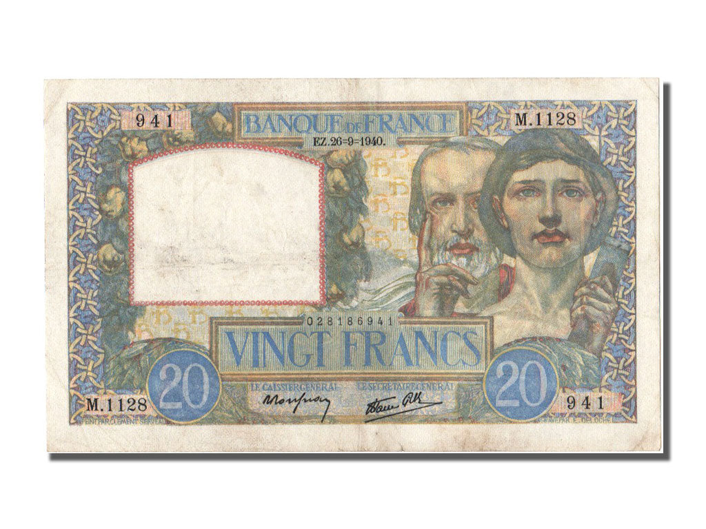 Banknote, France, 20 Francs, 20 F 1939-1942 ''Science et Travail'', 1940