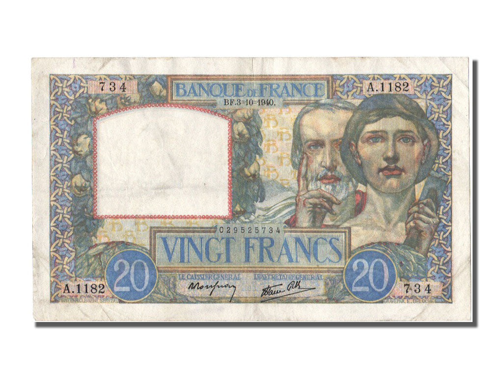 Banknote, France, 20 Francs, 20 F 1939-1942 ''Science et Travail'', 1940