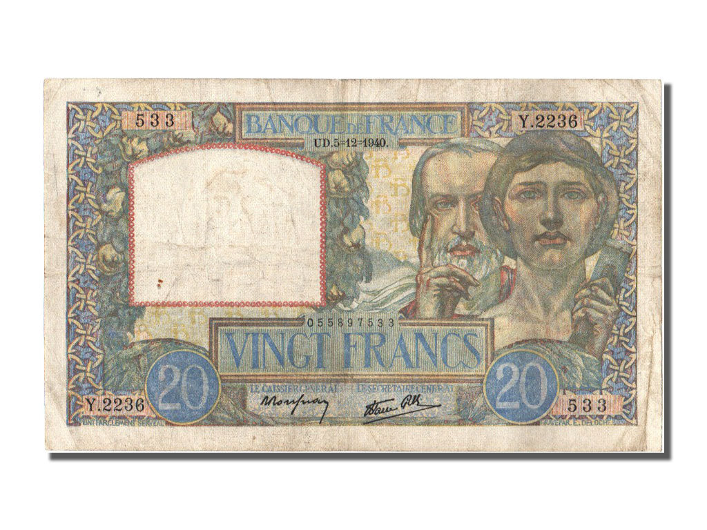 Billete, Francia, 20 Francs, 20 F 1939-1942 ''Science et Travail'', 1940