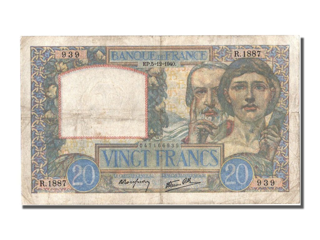 Banconote, Francia, 20 Francs, 20 F 1939-1942 ''Science et Travail'', 1940