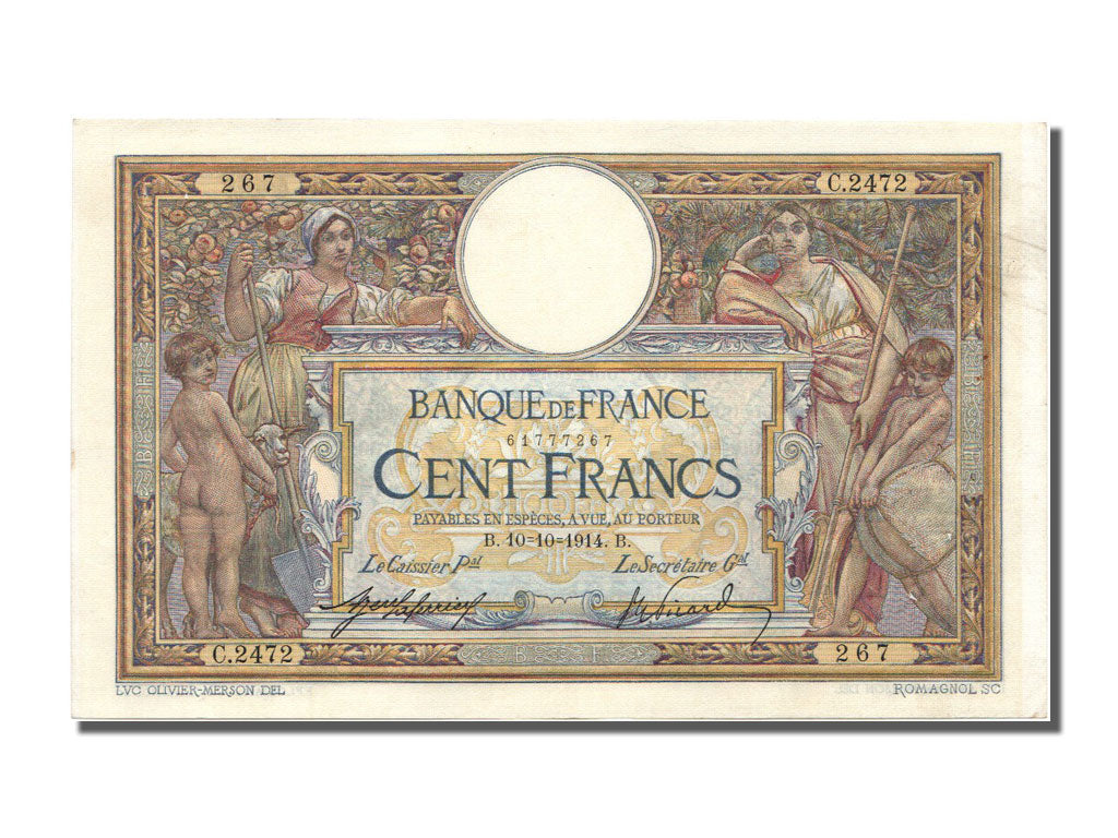 Banknote, France, 100 Francs, 100 F 1908-1939 ''Luc Olivier Merson'', 1914