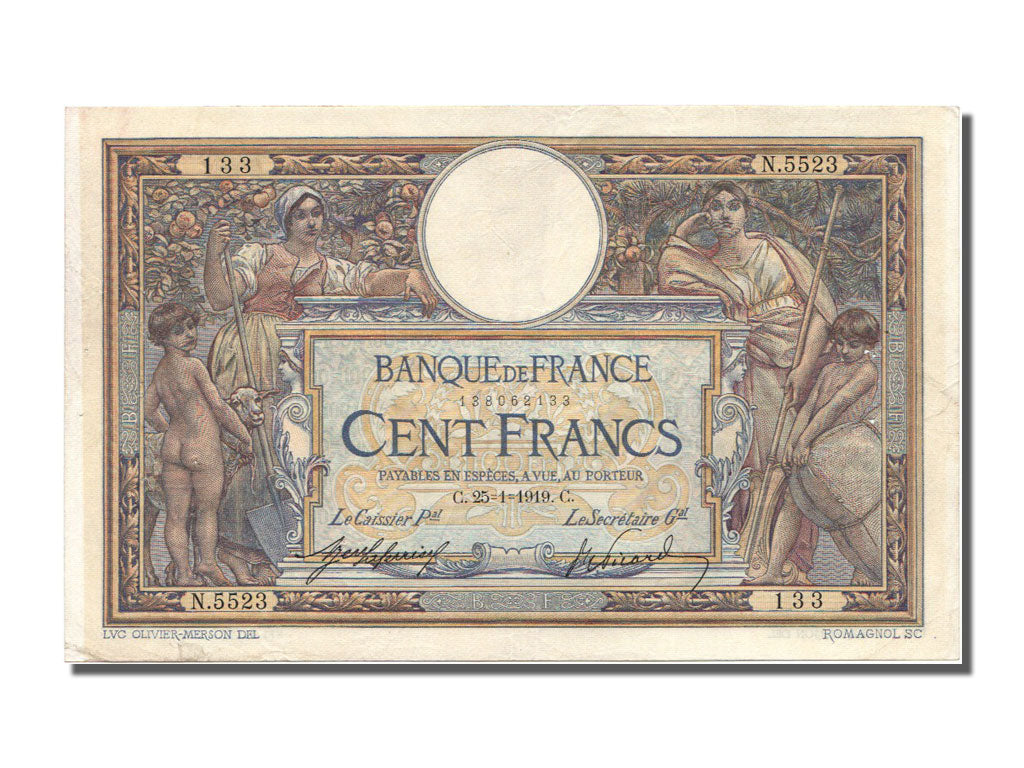 Banknot, Francja, 100 Francs, Luc Olivier Merson, 1919, 1919-01-25, AU(50-53)