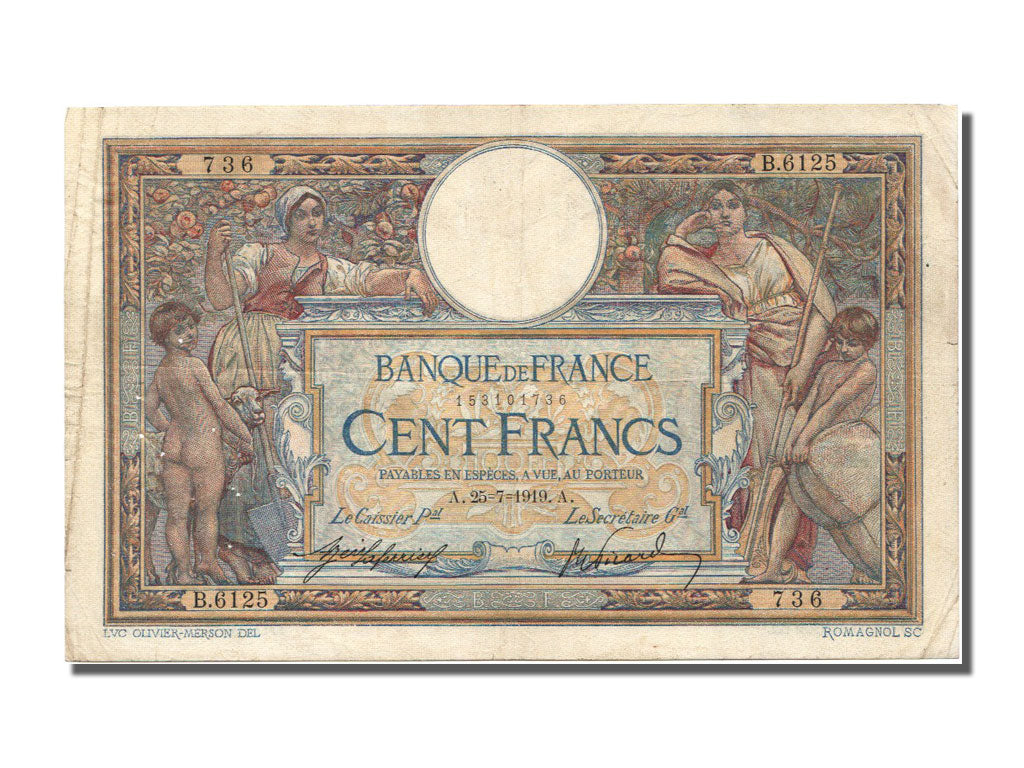 Banknot, Francja, 100 Francs, Luc Olivier Merson, 1919, 1919-07-25, EF(40-45)