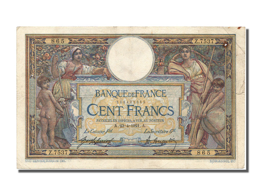 Banknote, France, 100 Francs, 100 F 1908-1939 ''Luc Olivier Merson'', 1921