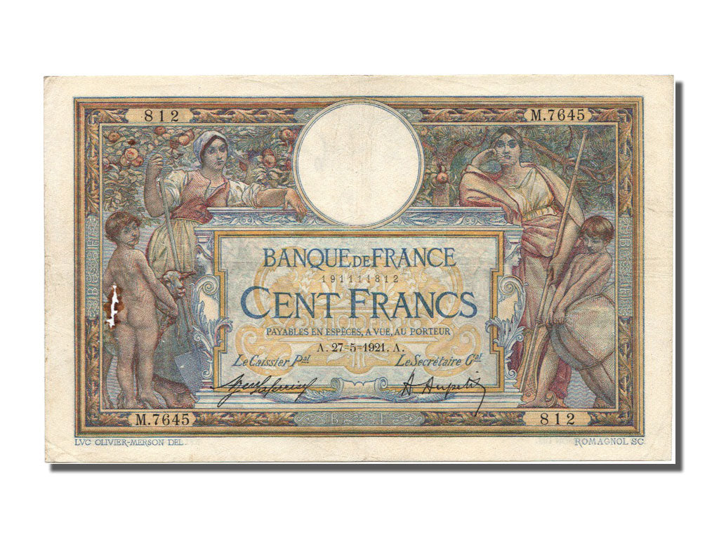 Banknote, France, 100 Francs, 100 F 1908-1939 ''Luc Olivier Merson'', 1921