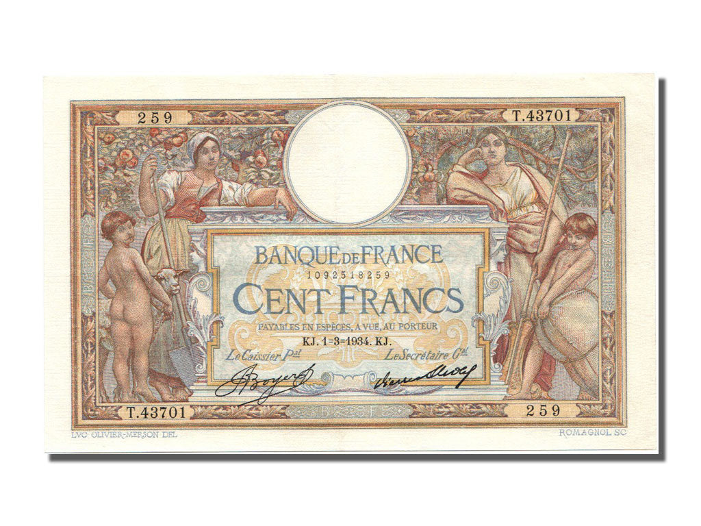Billet, France, 100 Francs, 100 F 1908-1939 ''Luc Olivier Merson'', 1934